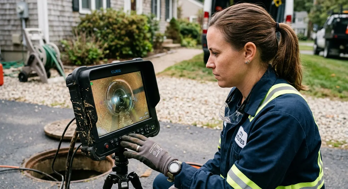 Technician reviewing sewer camera inspection footage in Mason